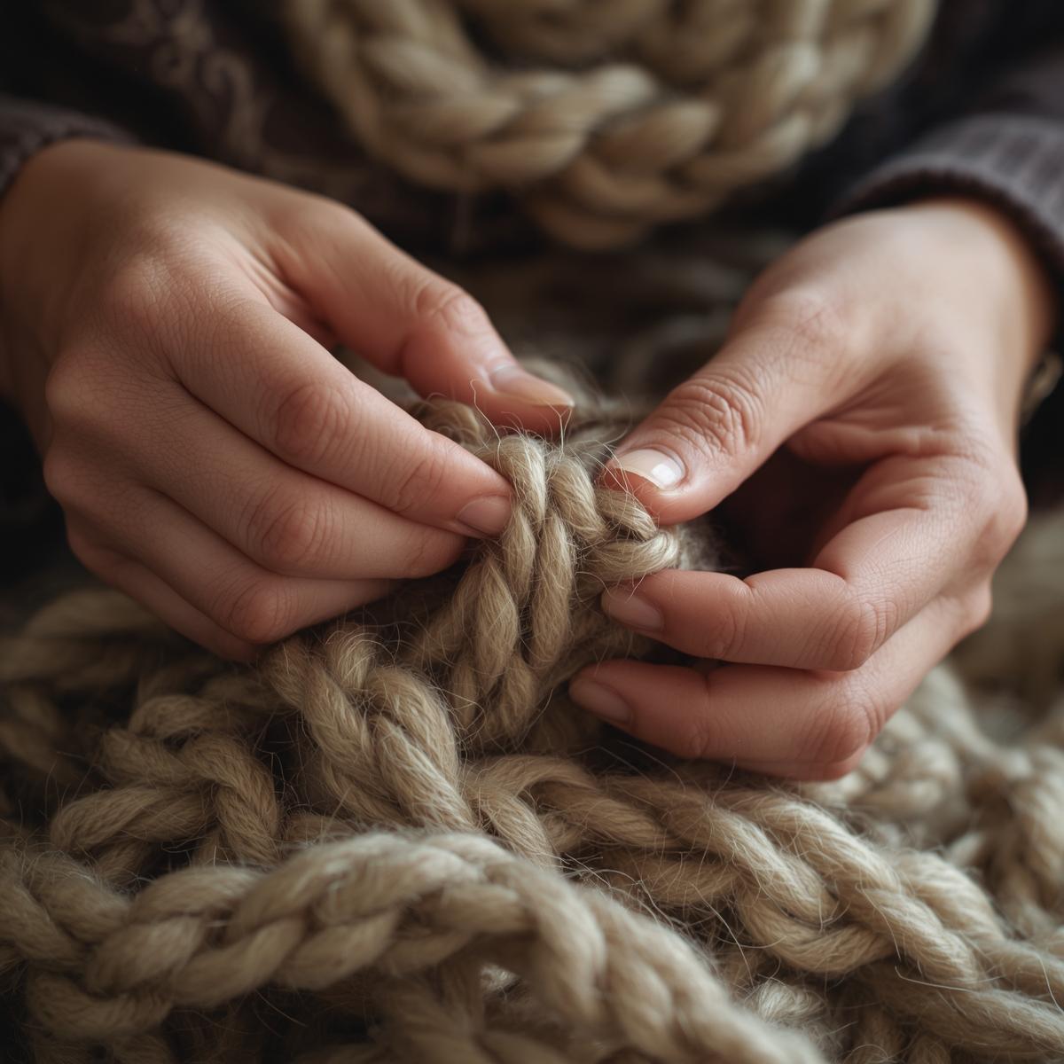 Hands slowly knitting with natural wool
